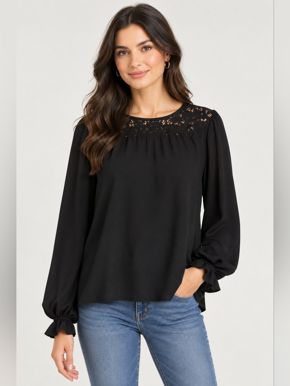MELANIE Lyne Black Lace Yoke Chiffon Blouse Victorian-inspired Sz 14 Romantic